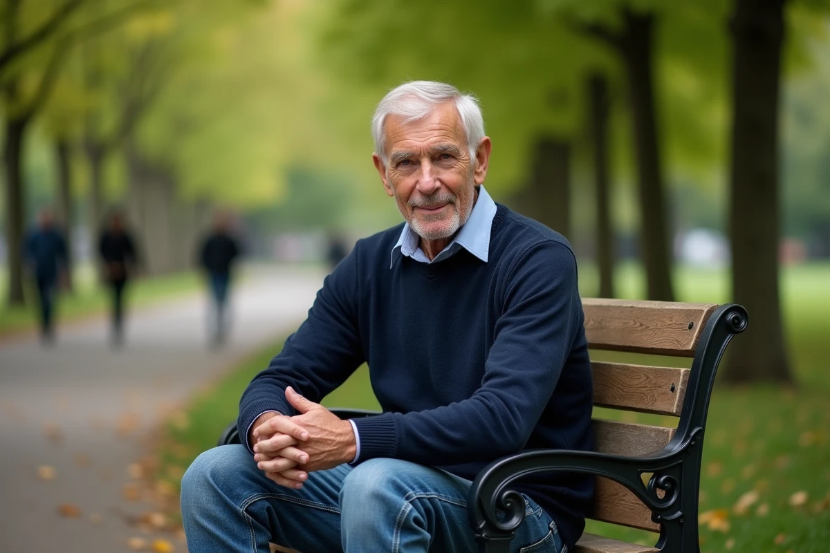 Homme français détendu assis dans un parc verdoyant