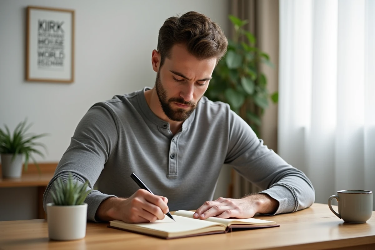 Homme écrivant une citation personnelle sur la confiance en amour dans un journal intime à son bureau
