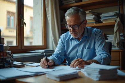 Homme espagnol dans un bureau modeste examine des cartouches d'imprimante