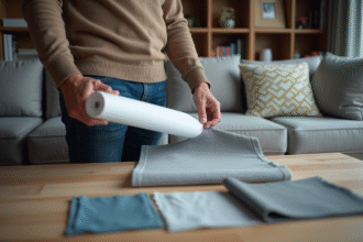 Homme comparant tissus d'écran projection dans un salon moderne