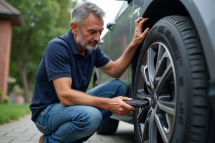 Homme d'âge moyen examine un frein à disque devant sa voiture