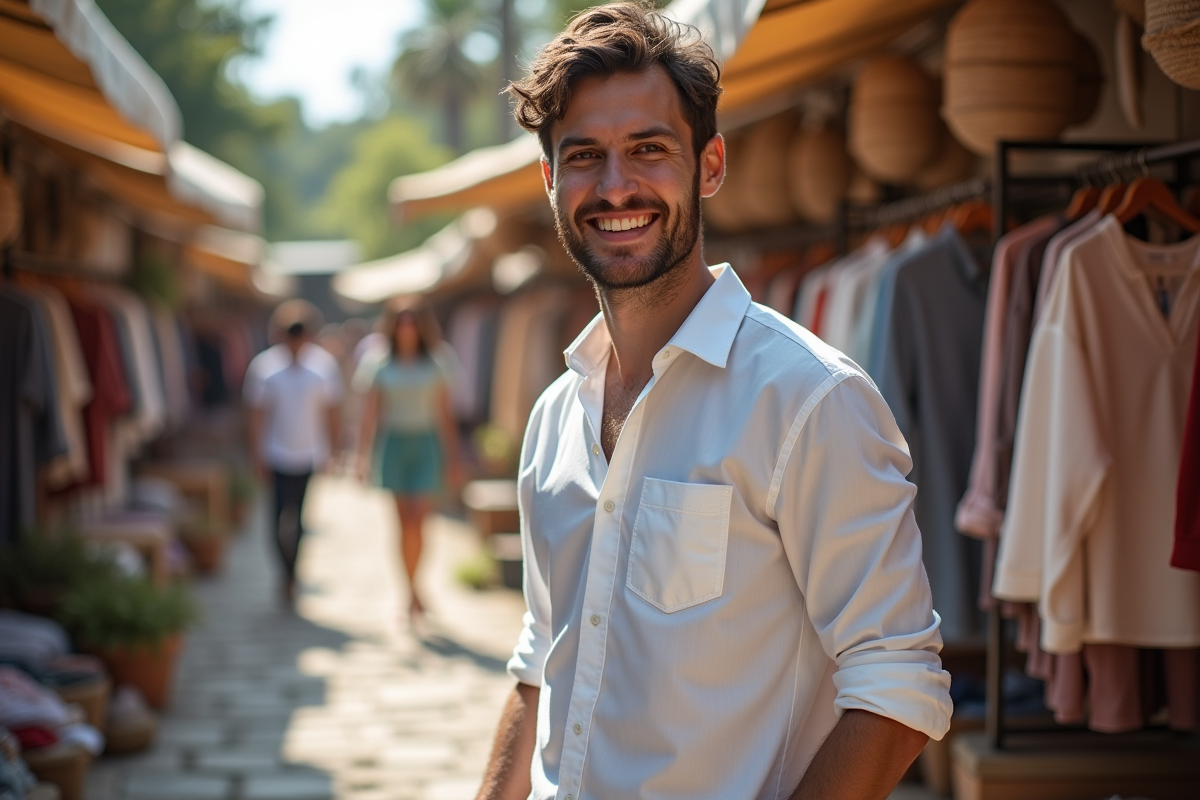 Jeune homme souriant touchant un shirt en coton dans un marché en plein air