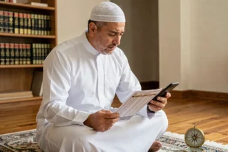 Homme consultant un calendrier de prière de mosquée à Orléans tout en vérifiant une application horaire prière sur smartphone