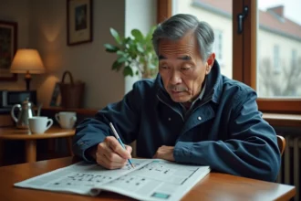 Homme japonais en plein jour résolvant un mots croises
