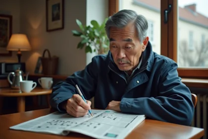 Homme japonais en plein jour résolvant un mots croises