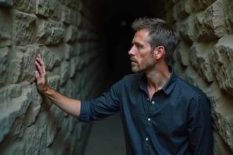 Homme face à l'entrée d'un labyrinthe souterrain en pierre, illustrant la confrontation avec ses peurs intérieures et le mythe du Minotaure