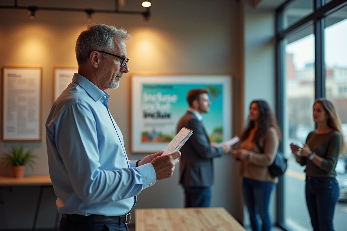 Homme lisant une affiche éducative dans un espace de coworking