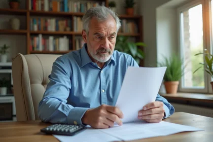 Homme d'âge moyen examinant documents fiscaux dans une maison lumineuse
