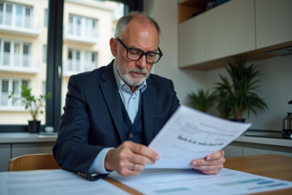 Homme d'âge moyen lisant des documents fiscaux dans une cuisine moderne