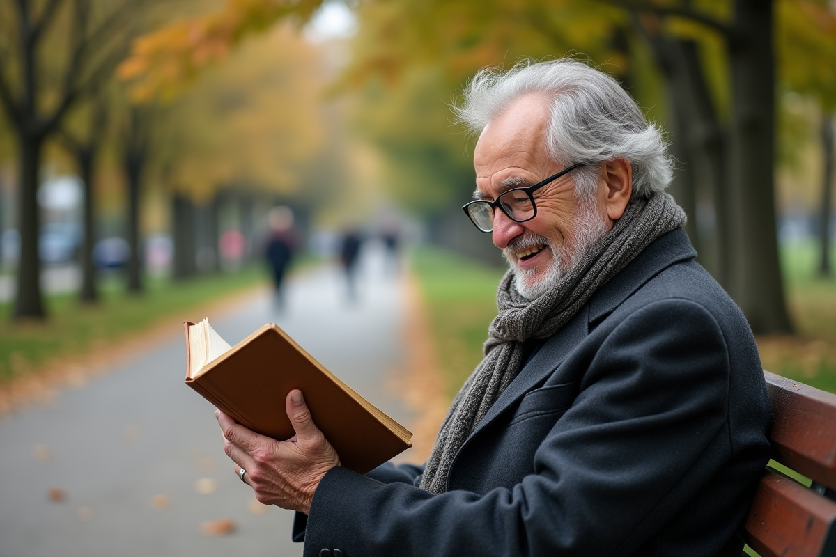 Homme âgé lit un livre dans un parc en plein air