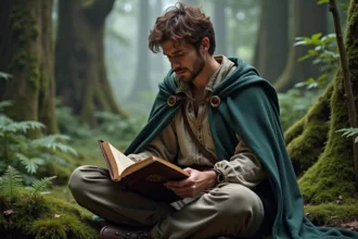 Homme en costume medieval dans la foret magique