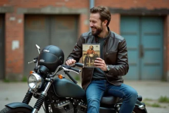 Homme en blouson en cuir vintage et moto ancienne