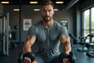 Homme musclé faisant un curl marteau en salle de sport