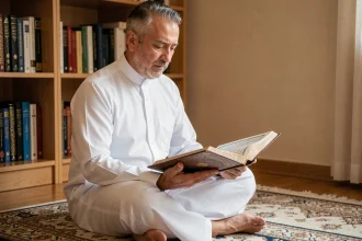 Homme musulman lisant les derniers versets de la sourate Al-Baqara dans sa maison