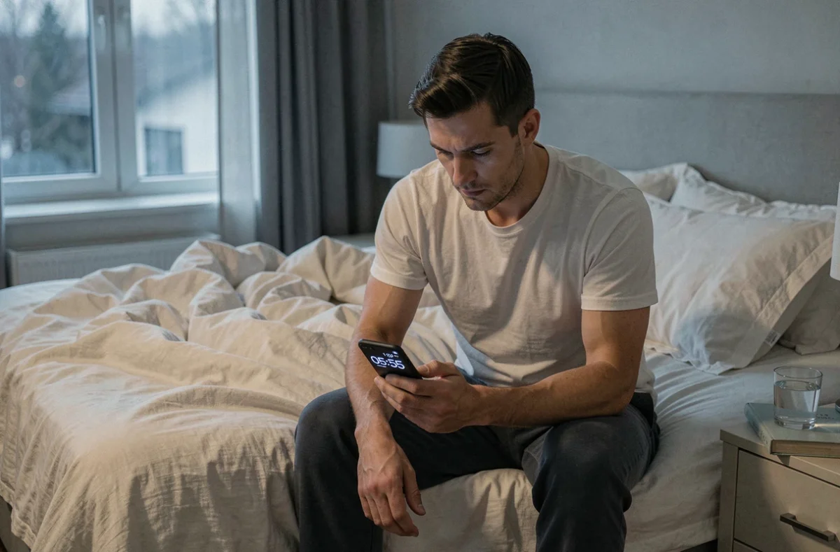 Homme seul assis au bord d'un lit regardant son téléphone afficher 05h55, moment de réflexion sur la signification amoureuse de cette heure