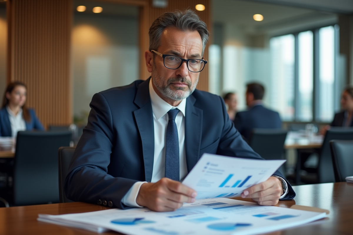 Homme d affaires examinant des documents de conformité lors d une réunion