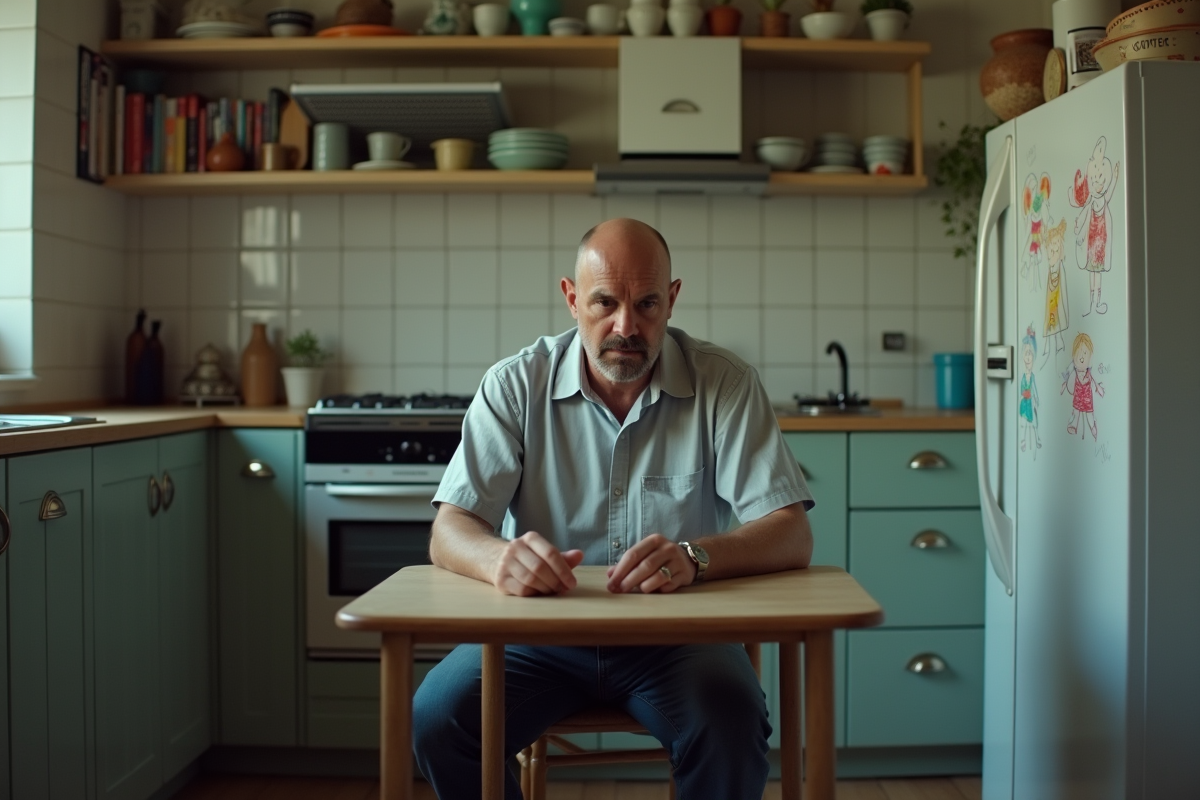 Homme seul assis à la table de cuisine contemplatif