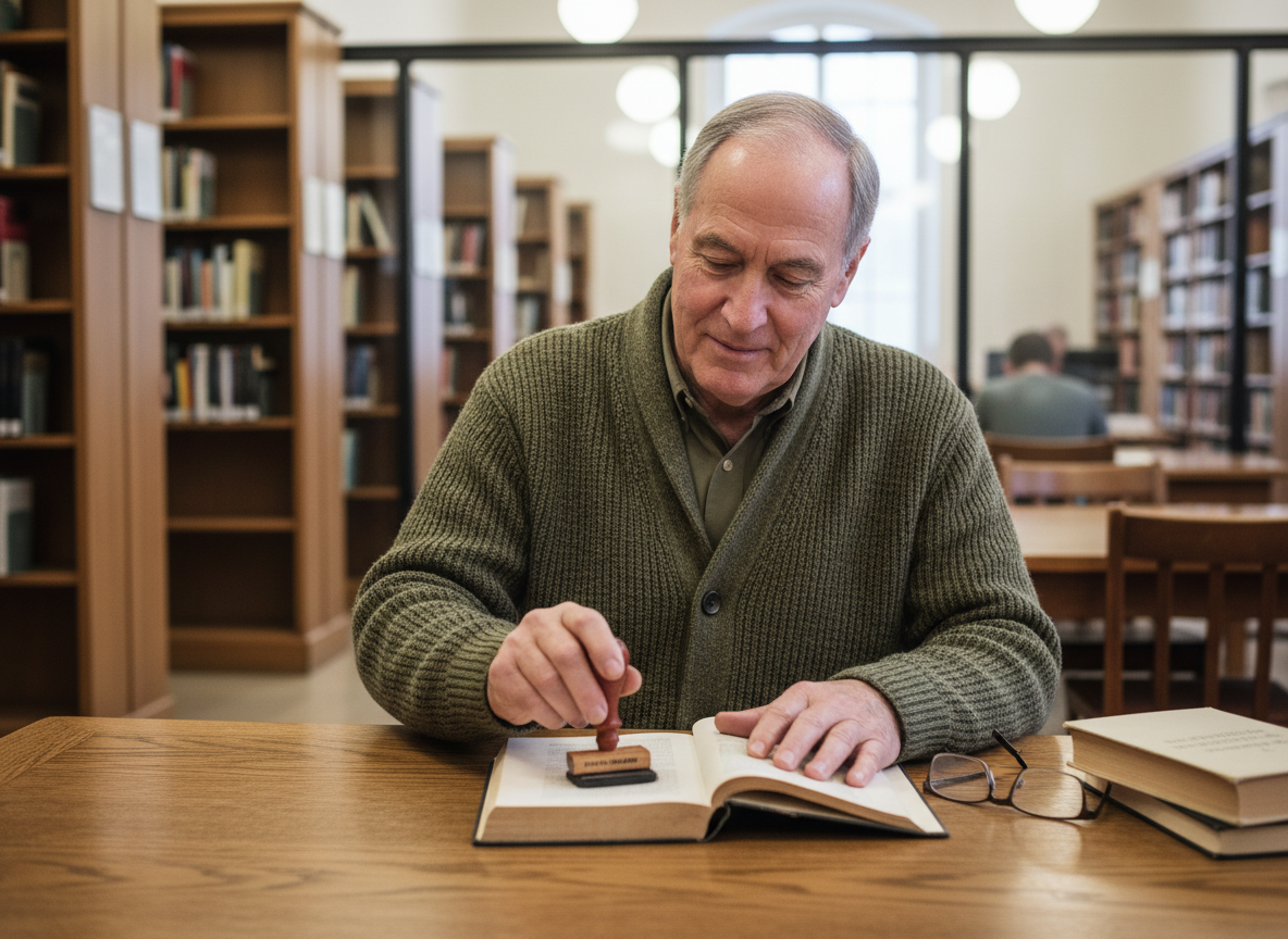 Homme âgé tamponnant son nom dans un livre à la bibliothèque