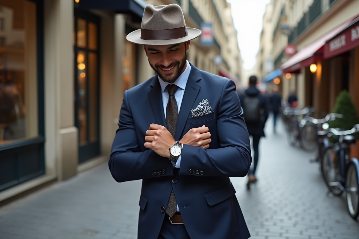 Homme en costume dans rue parisienne animée
