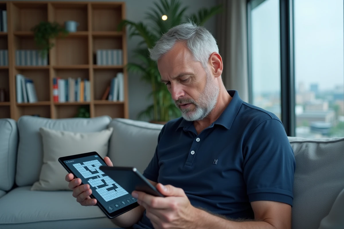 Homme consultant une solution 6 lettres sur tablette pour le jeu 4 Images 1 Mot dans un salon moderne