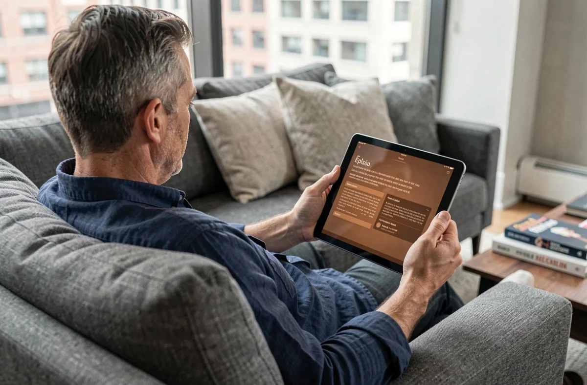 Homme lisant sur tablette avec l'application Epsilon en mode sépia et police agrandie pour plus de confort
