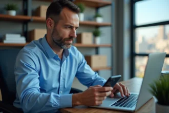 Homme d'affaires regardant un écran de suivi de colis au bureau