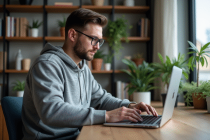 Homme en hoodie travaillant sur son ordinateur avec VPN