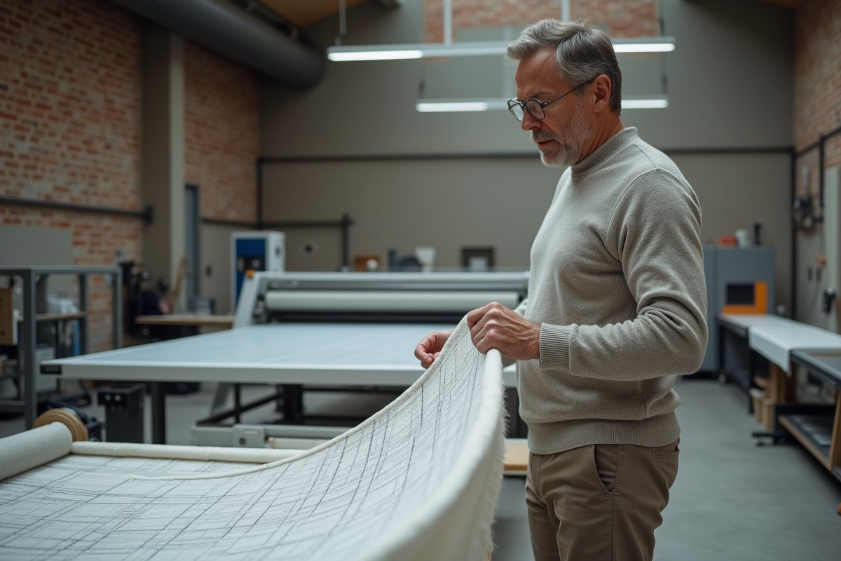 Homme inspectant un tissu numérique dans un atelier industriel moderne