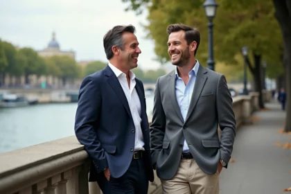 Deux hommes souriants au bord de la Seine à Paris