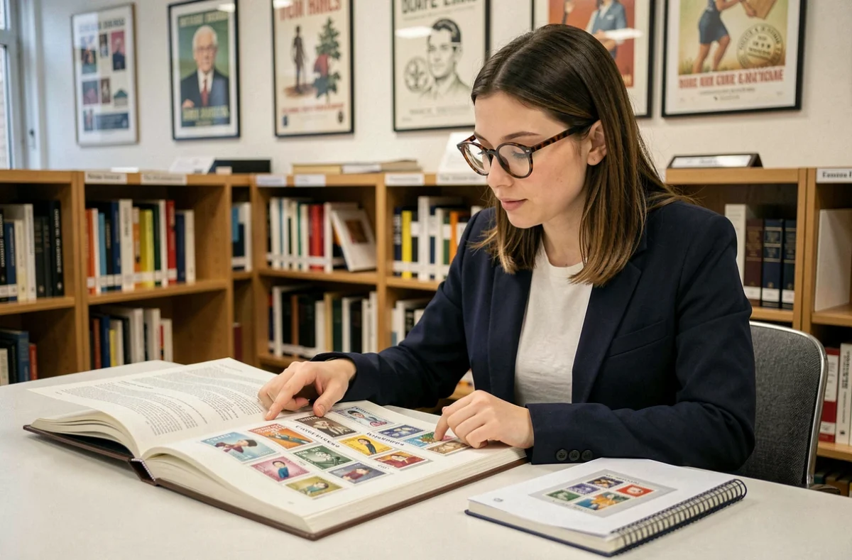 Jeune femme consultant un catalogue philatélique pour identifier un timbre rare français