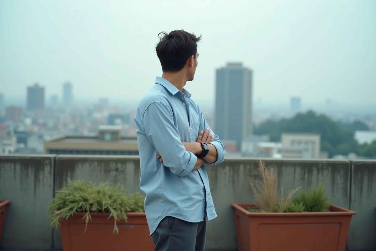 Personne seule sur un toit urbain regardant l'horizon, symbolisant la réflexion personnelle sur son identité bisexuelle et le processus de coming out progressif