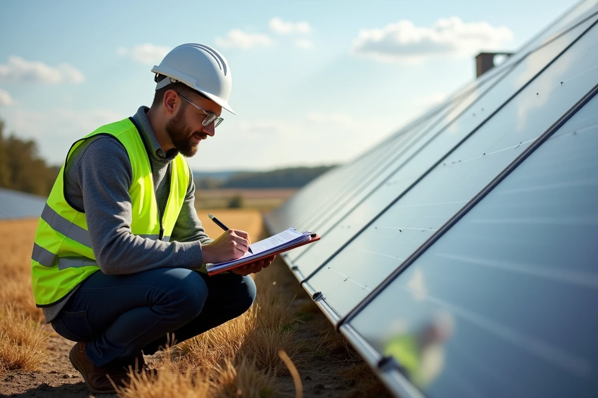 Ingénieur solaire en inspection d'un parc photovoltaïque au sol, prenant des notes sur un formulaire de maintenance