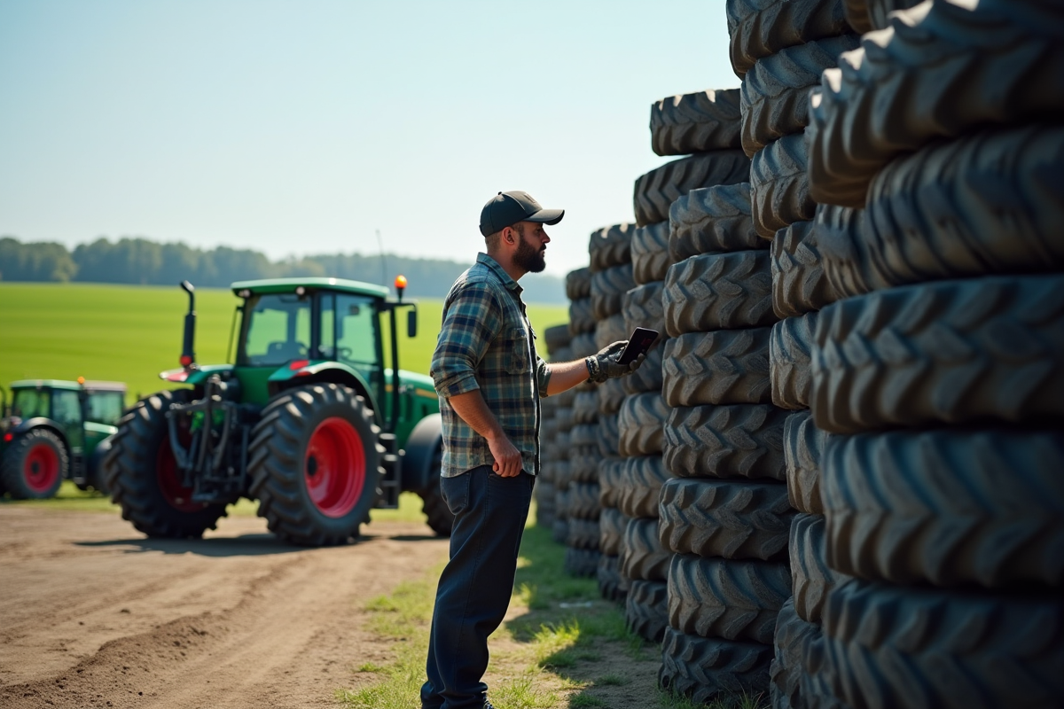 Ouvrier inspectant des pneus de tracteur en marché agricole