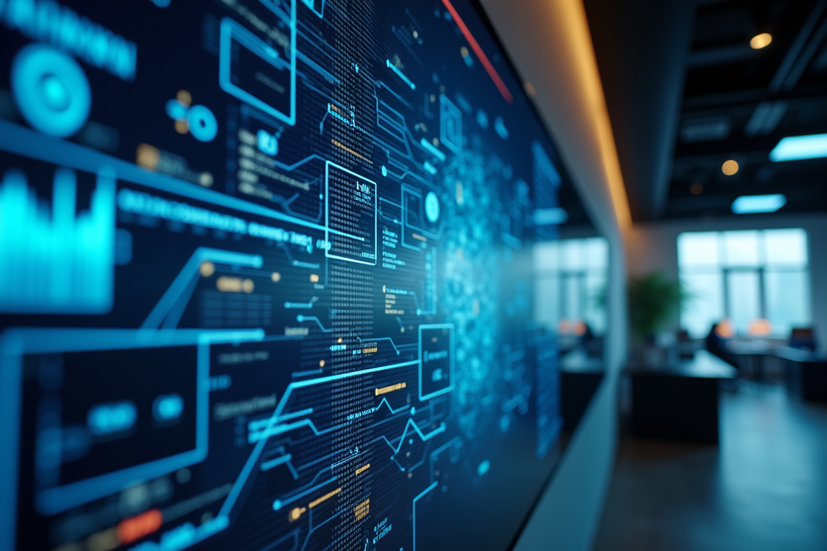 Interface digitale sur grand écran dans un espace futuriste