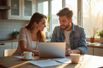Jeune couple à la cuisine moderne compare des taux hypothécaires