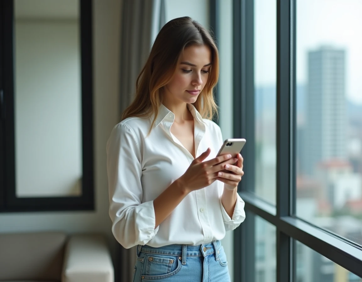 Jeune femme debout près d'une fenêtre d'appartement regardant un appel manqué d'un numéro inconnu sur son téléphone portable