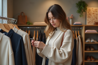 Jeune femme examine étiquette vêtement dans boutique tendance