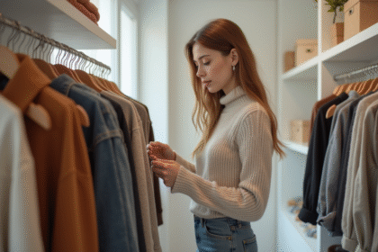 Jeune femme examine un vêtement dans une boutique moderne