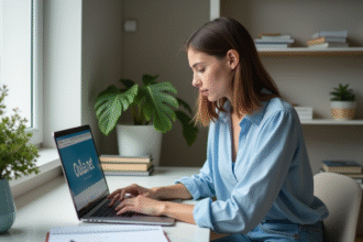 Jeune femme au bureau regardant son ordinateur portable