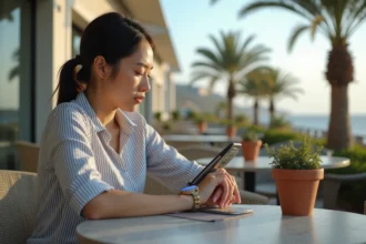 Jeune femme regardant sa montre dans un café à SaintDenis