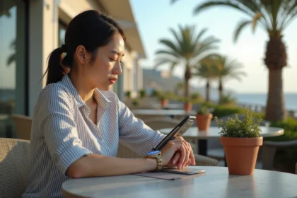 Jeune femme regardant sa montre dans un café à SaintDenis