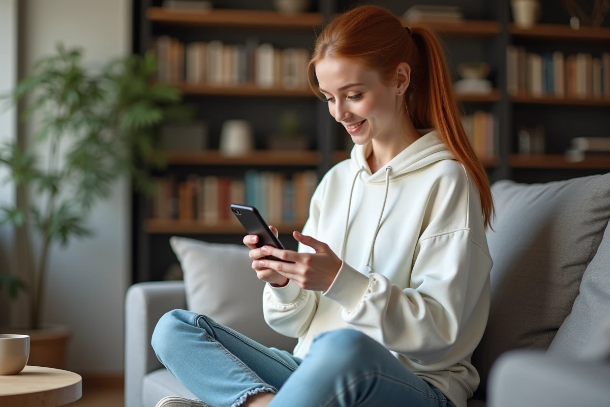 Jeune femme assise sur un canapé utilisant son téléphone pour effectuer une recherche de numéro inversé