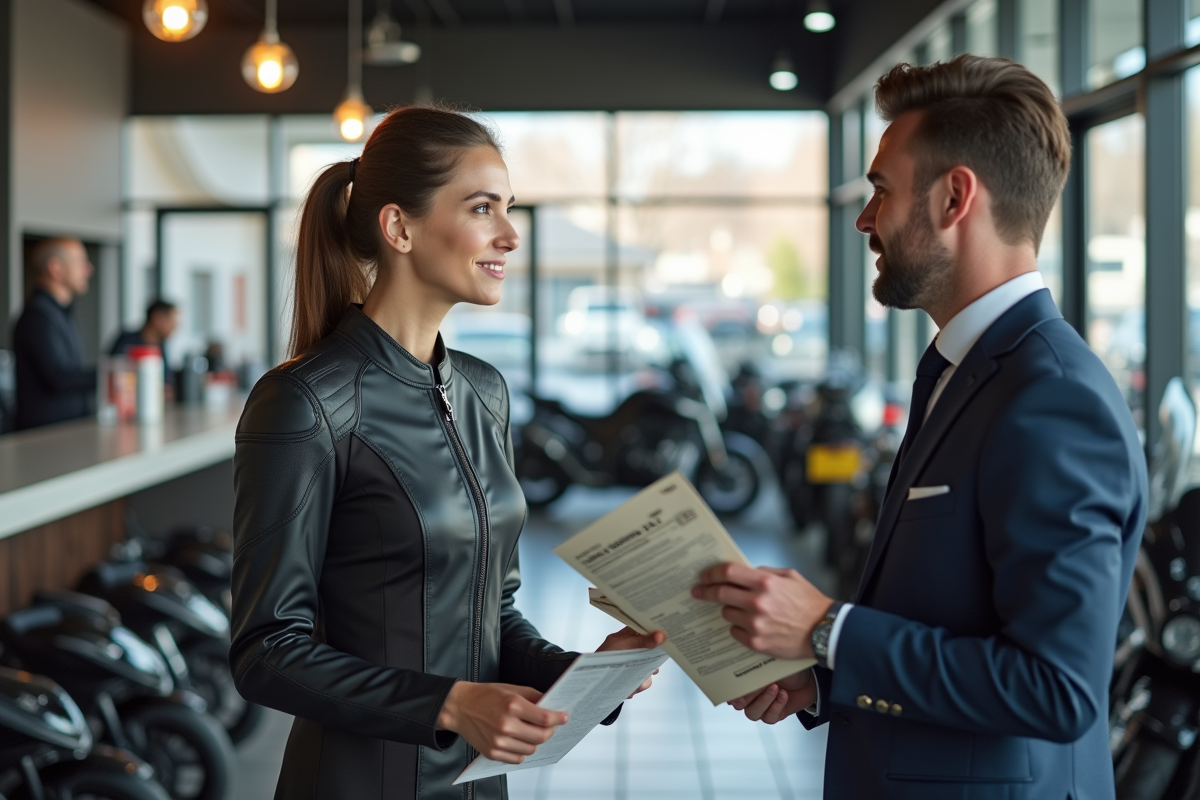 Jeune femme en combinaison moto consultat avec agent en magasin