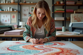 Jeune femme esquissant un motif abstrait sur un textile dans un studio créatif