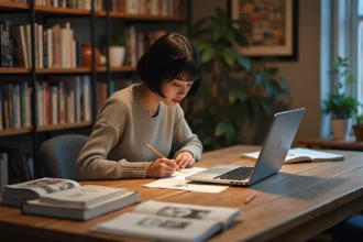 Jeune femme éditant des pages de manga sur un ordinateur dans un intérieur cosy