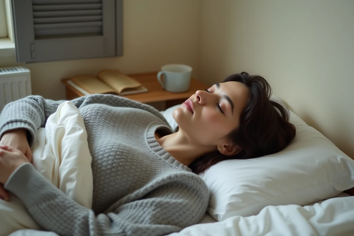 Jeune femme allongée sur un lit les yeux fermés avec une expression sereine évoquant une expérience de flash lumineux intérieur