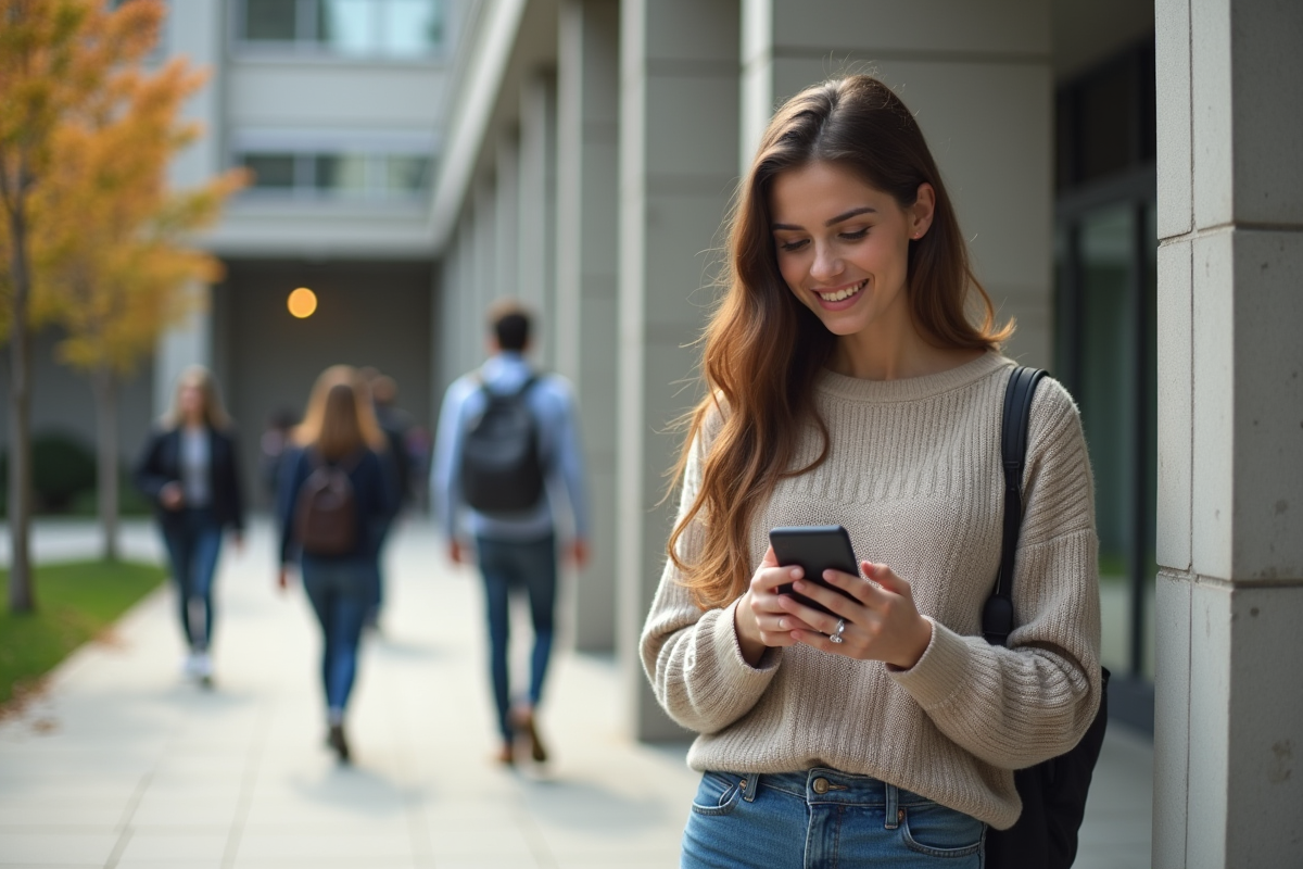 Jeune femme lisant sur son smartphone devant la bibliothèque