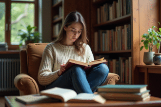 Jeune femme lisant un livre dans une bibliothèque chaleureuse