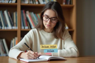 Jeune femme concentrée avec note colorée dans une bibliothèque