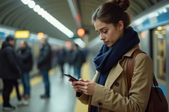 Jeune femme dans le métro de Paris avec smartphone